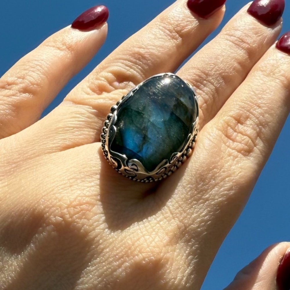 Vintage Sajen Sterling Silver Labradorite Ring – Oval Statement Stone Size 9